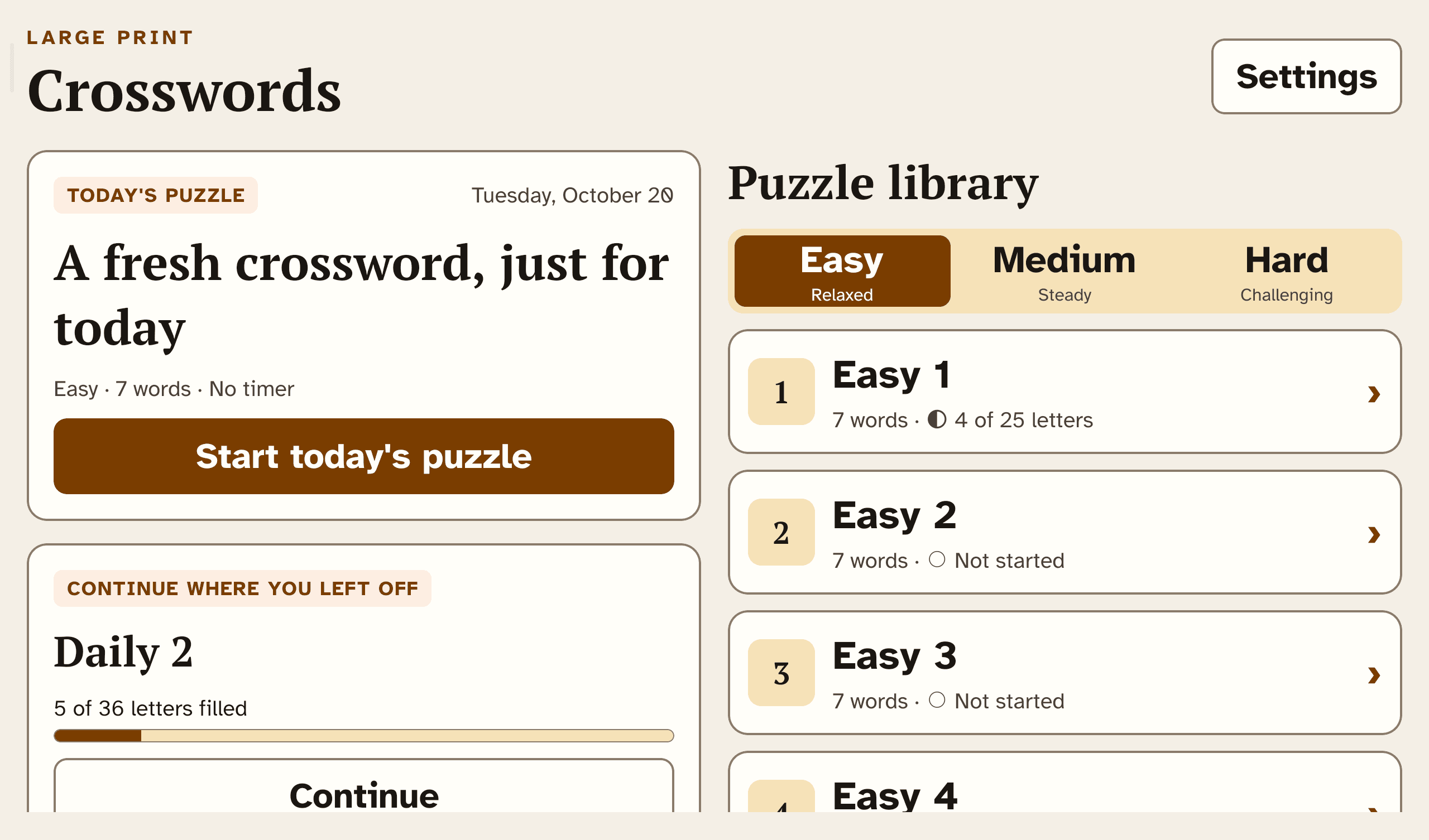 Puzzle library with the Largest text size selected