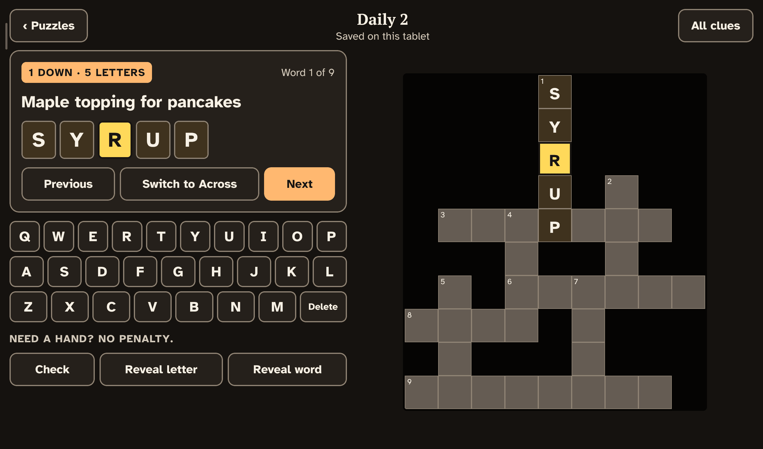 Crossword grid shown in Deep Charcoal theme