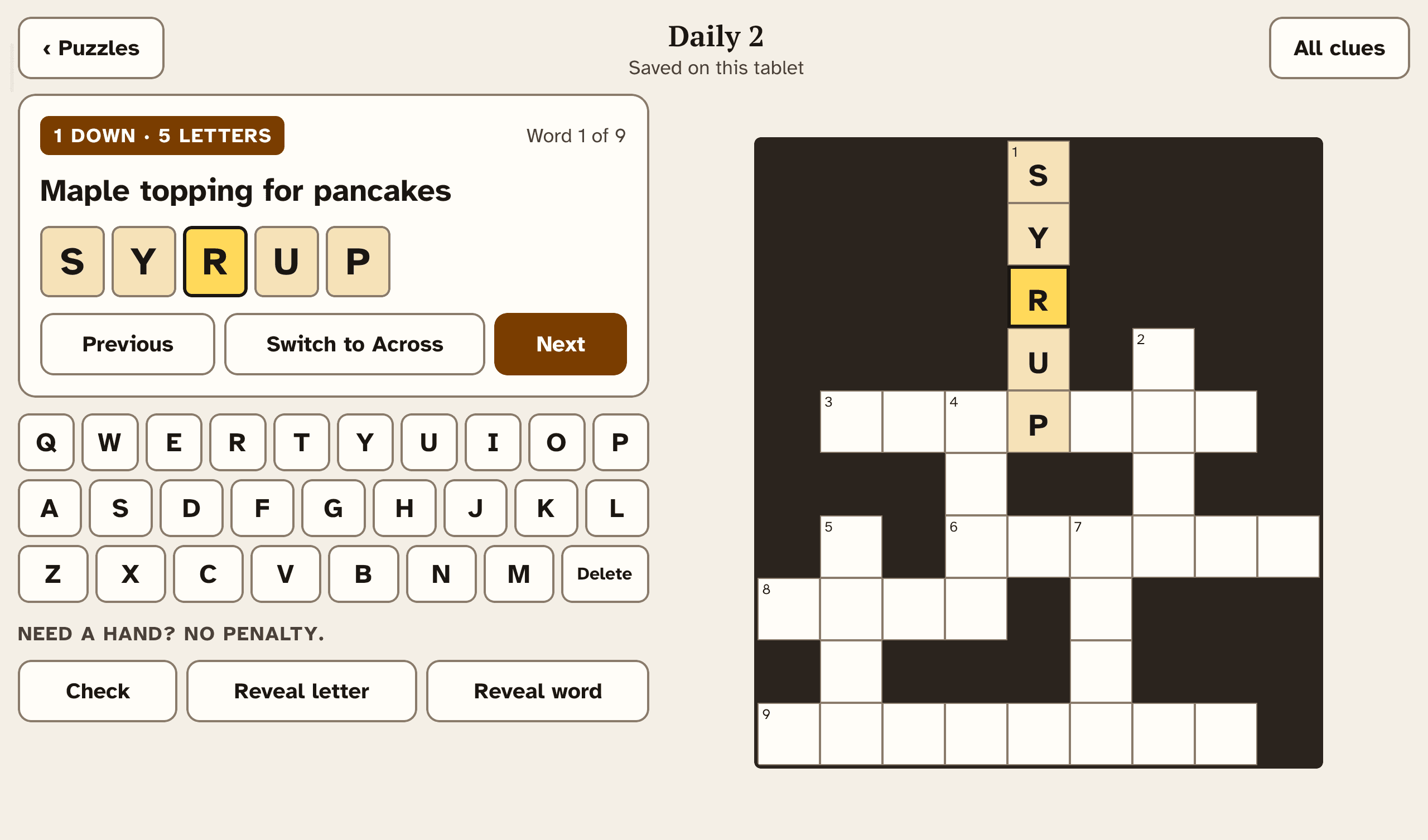 Actual Large Print Crosswords screen showing the clue, answer cells, keyboard and grid