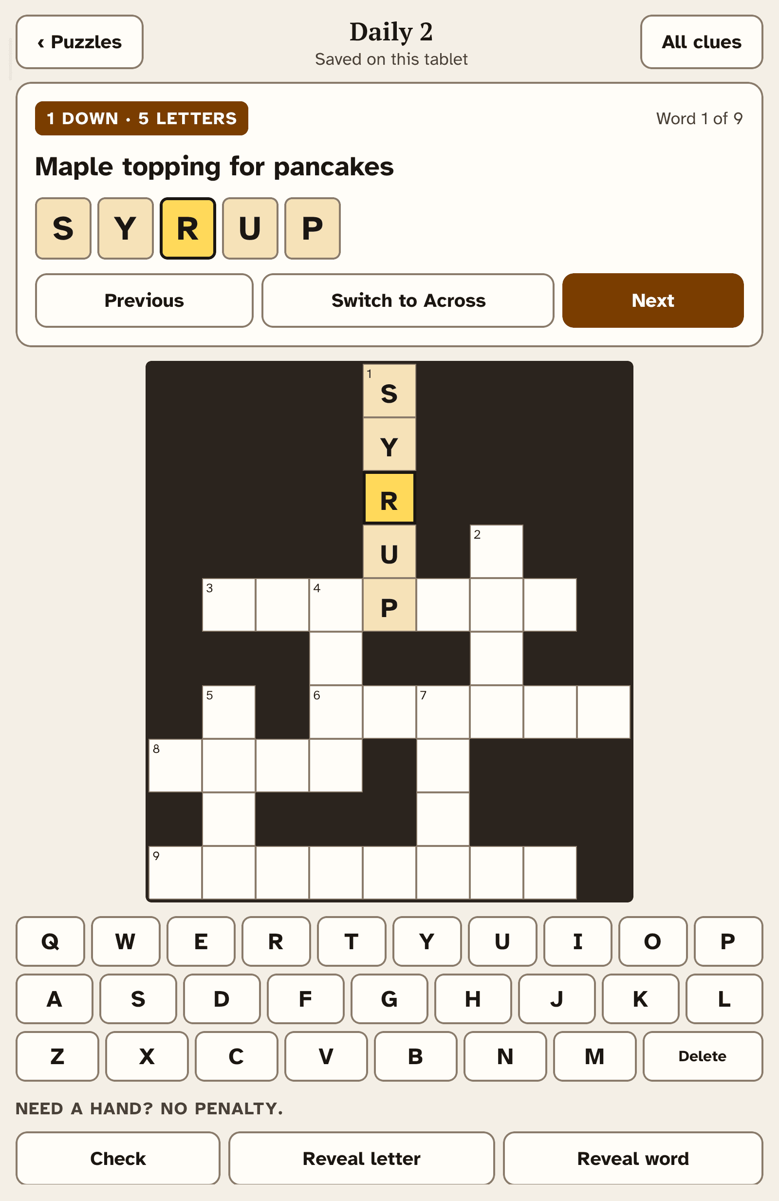 Crossword puzzle in portrait orientation