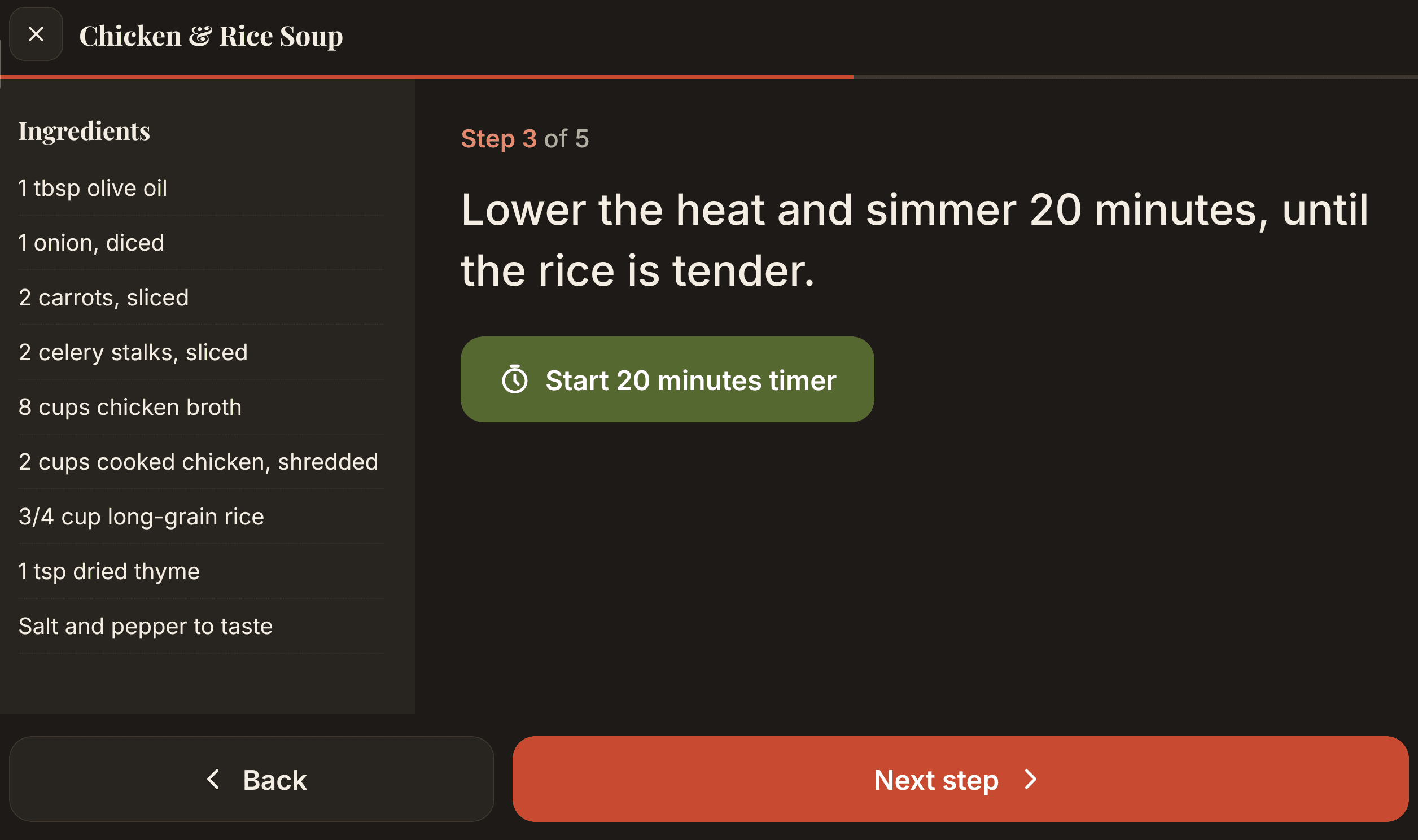 Recipe Box Cook Mode showing a large cooking step and a start timer button