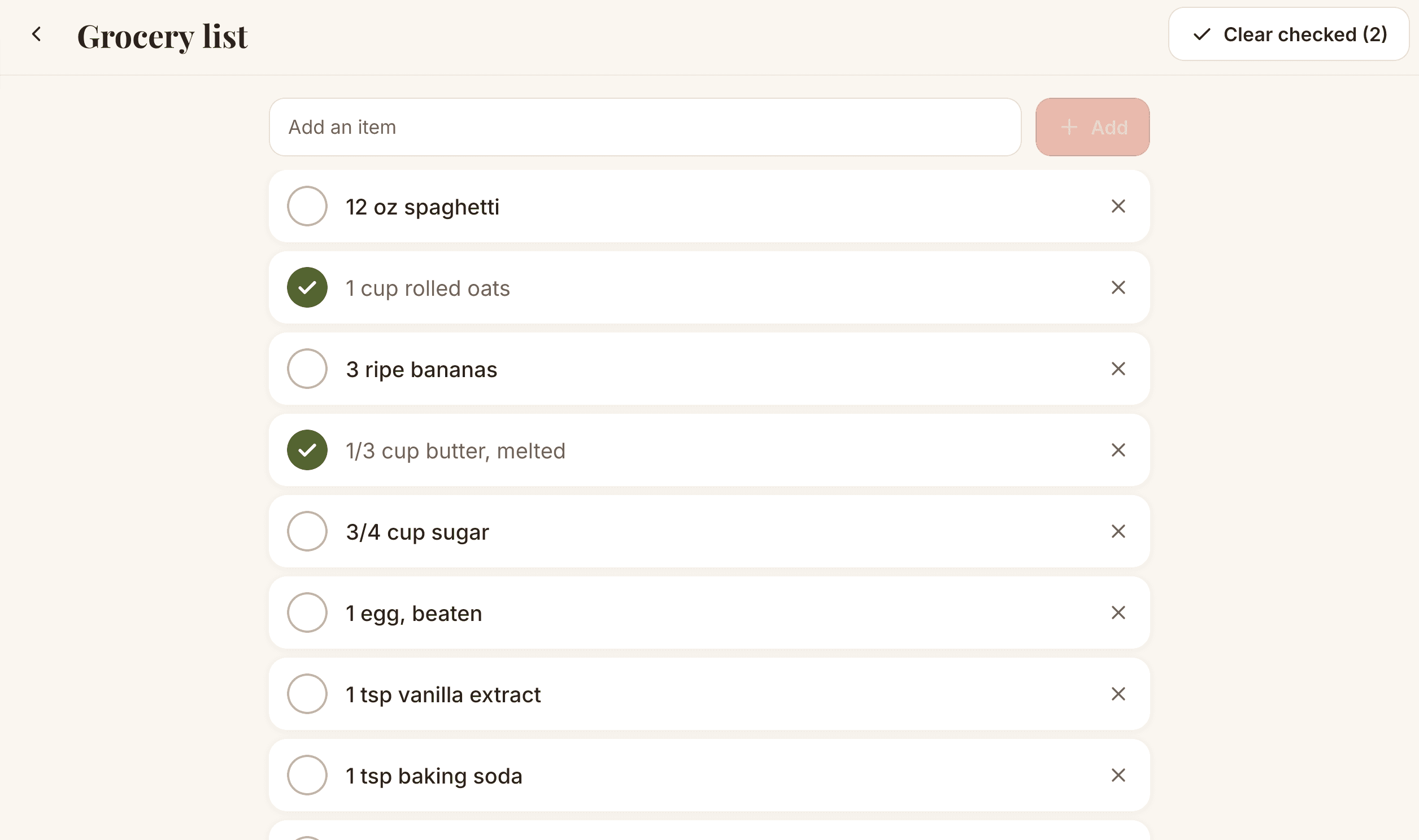 Grocery list with checked and unchecked items