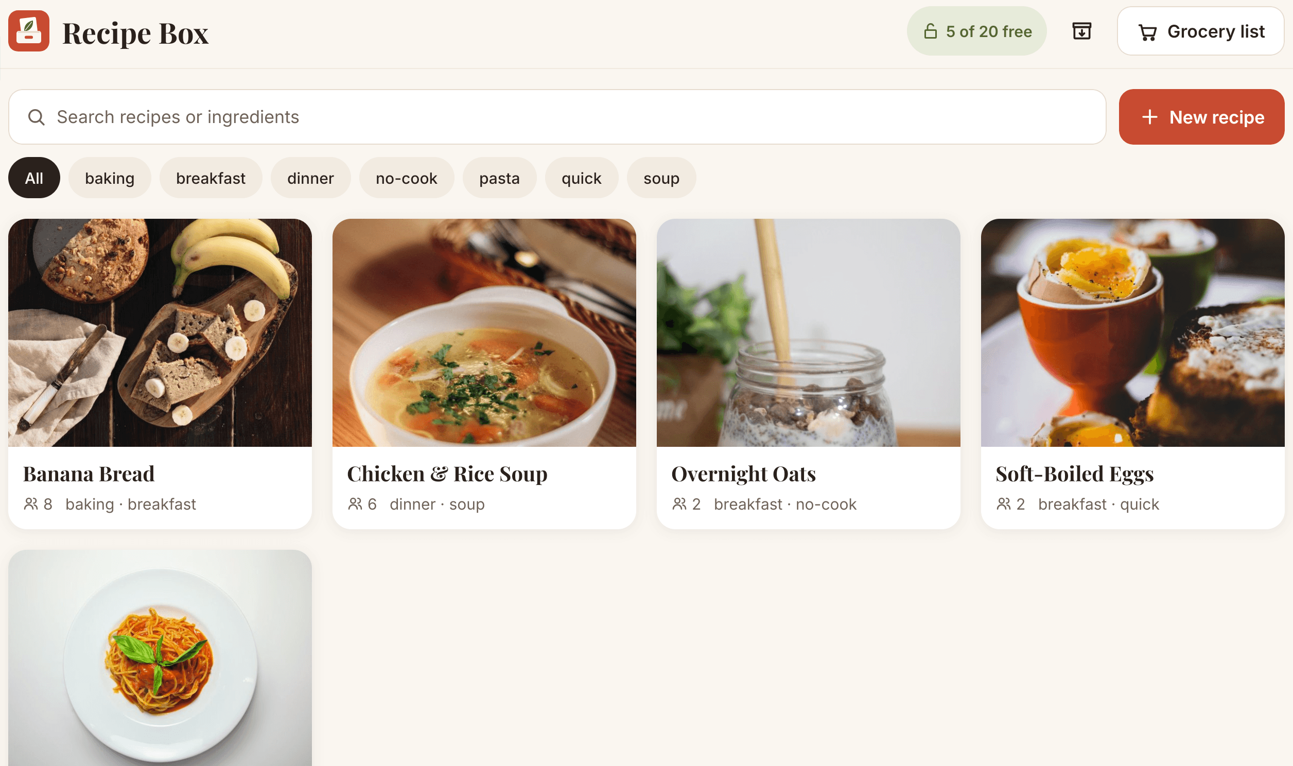 Recipe library with photo cards, search and tag filters