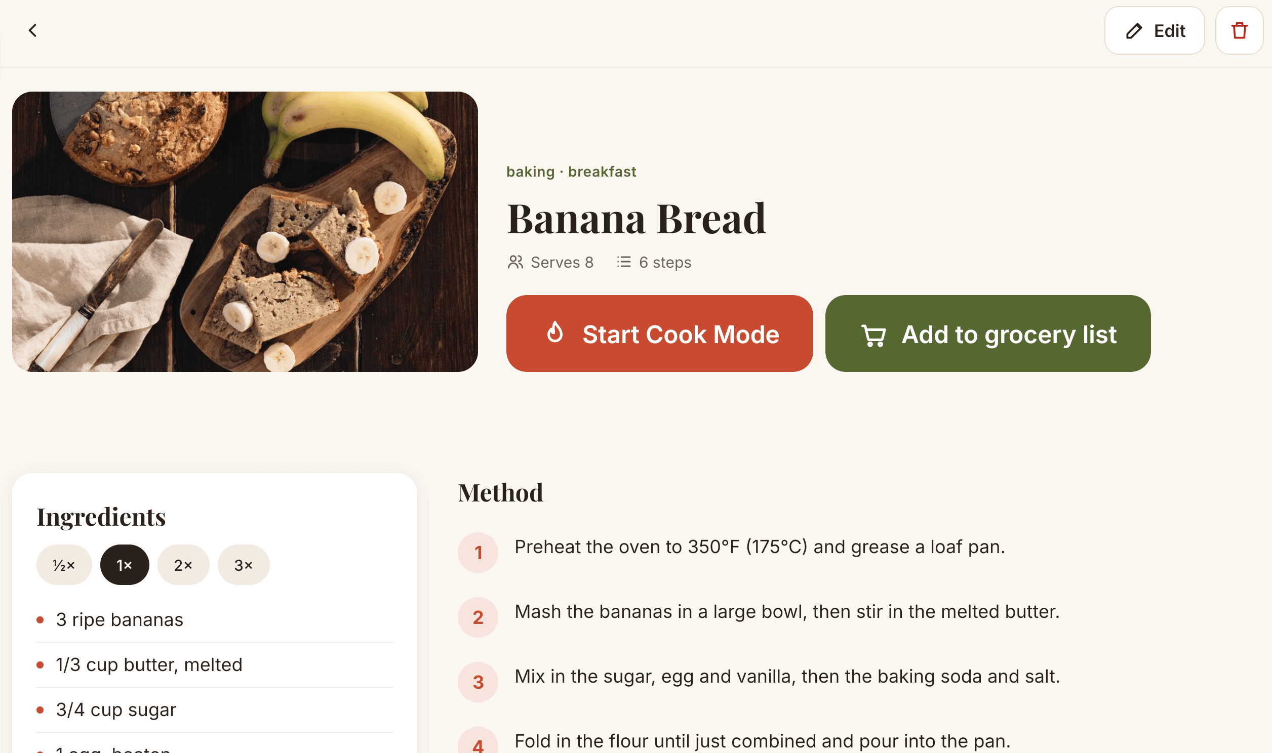 Banana Bread recipe with ingredients, scaling buttons and method