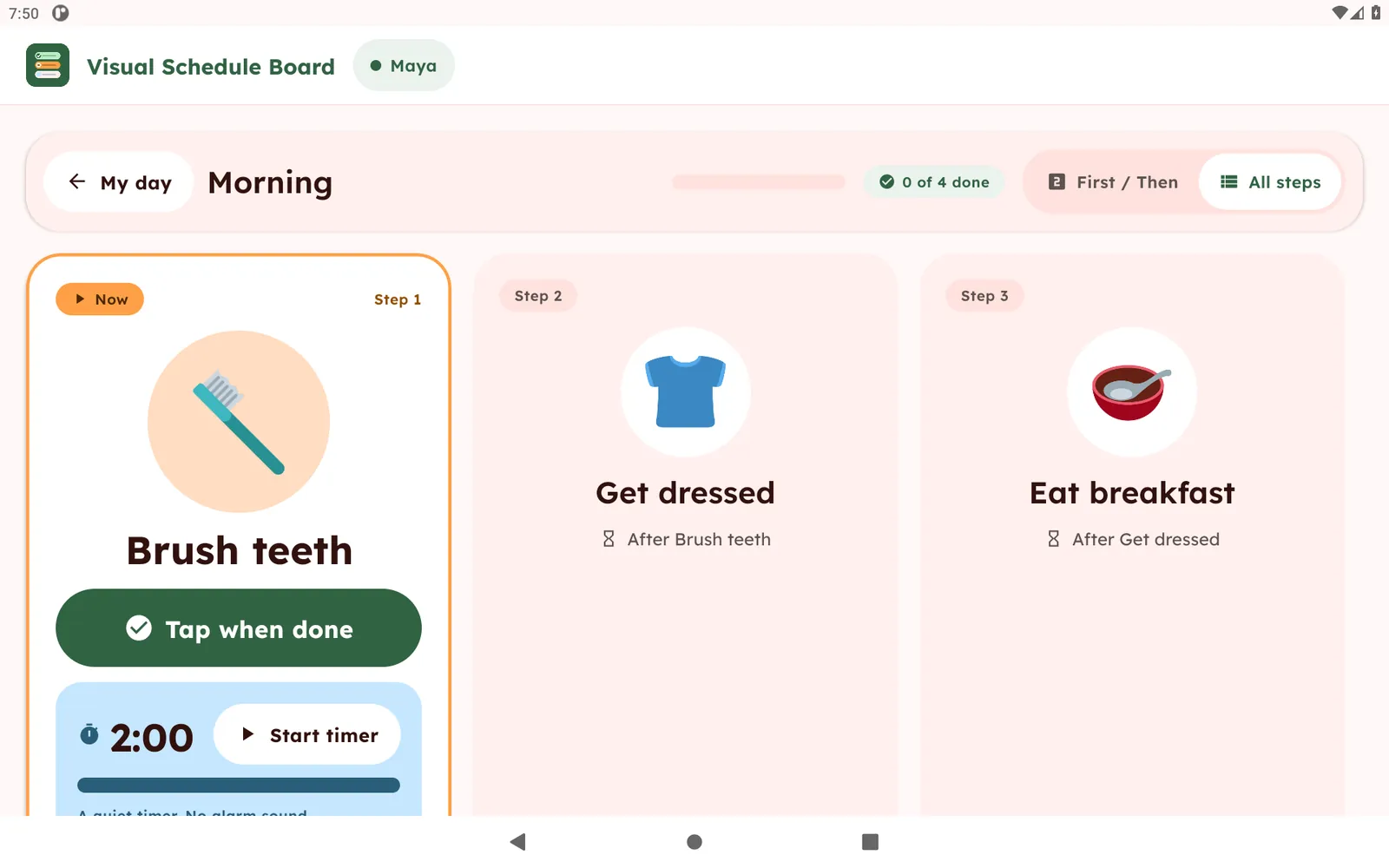 Morning routine with the current step, Brush teeth, highlighted with a large picture and a Tap when done button, and the next steps beside it