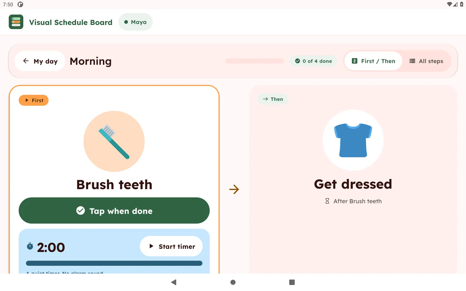 First / Then view showing Brush teeth as the first step and Get dressed as the step that comes then