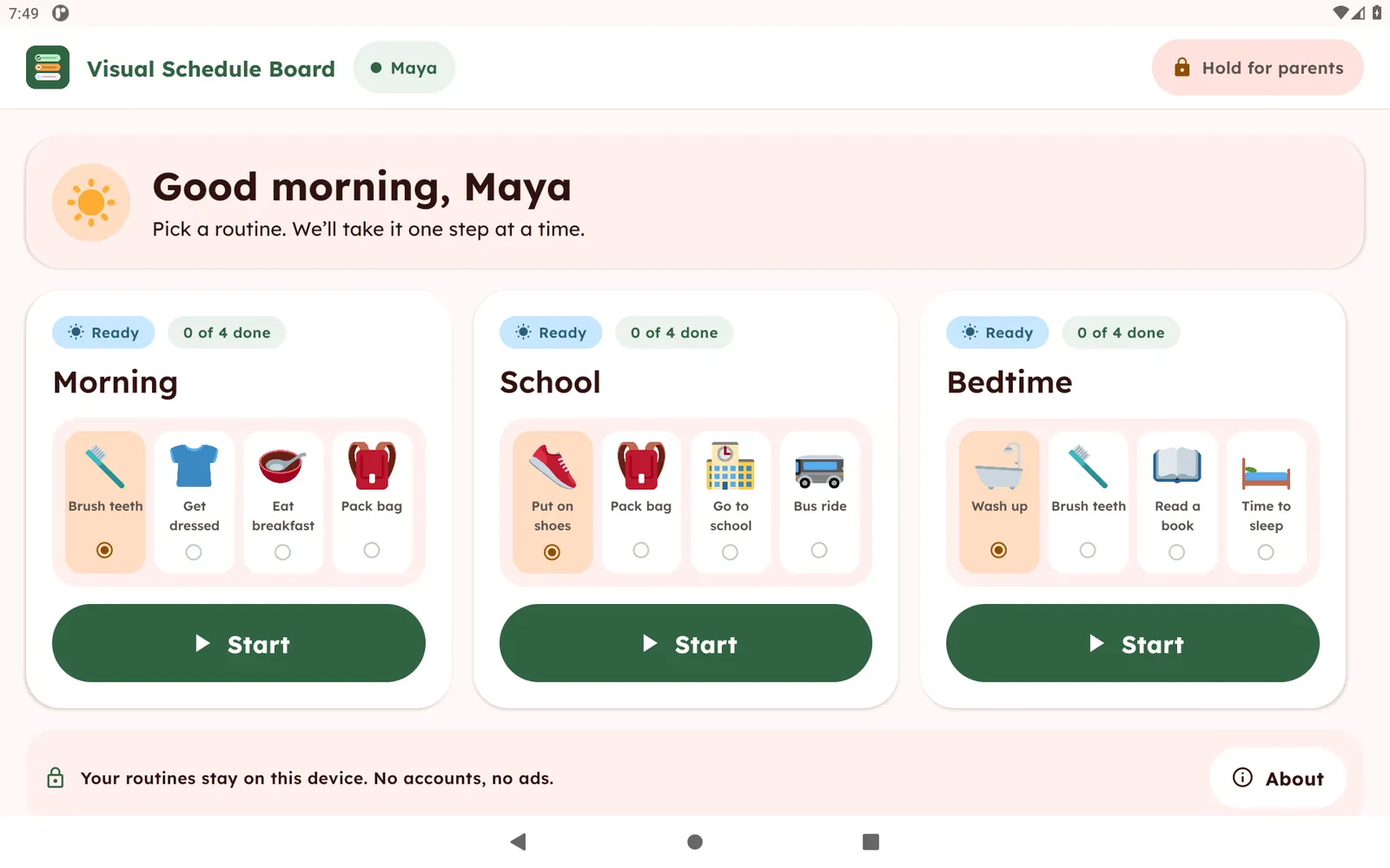 Home screen greeting a child with three routines: Morning, School and Bedtime, each showing its picture steps and a Start button