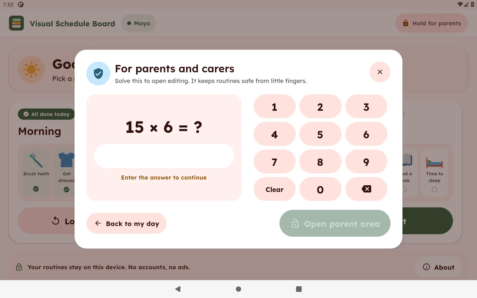Parent gate asking a multiplication question with an on-screen keypad before the parent area opens