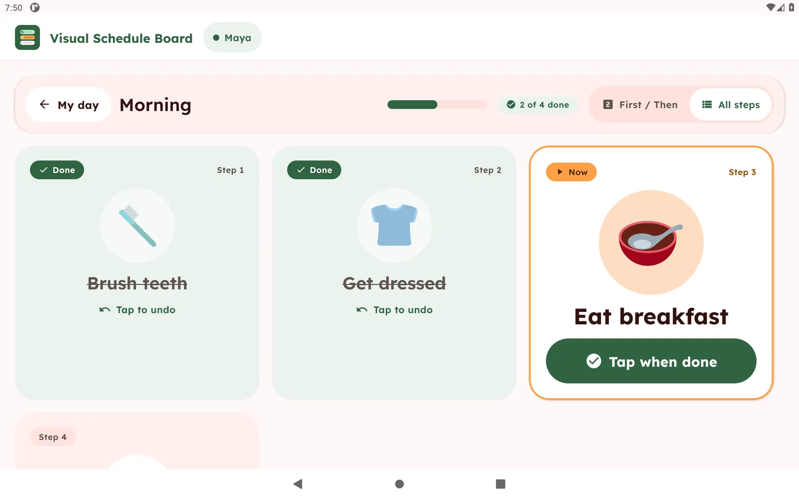 Morning routine with two steps marked done and a progress bar, the third step Eat breakfast now highlighted