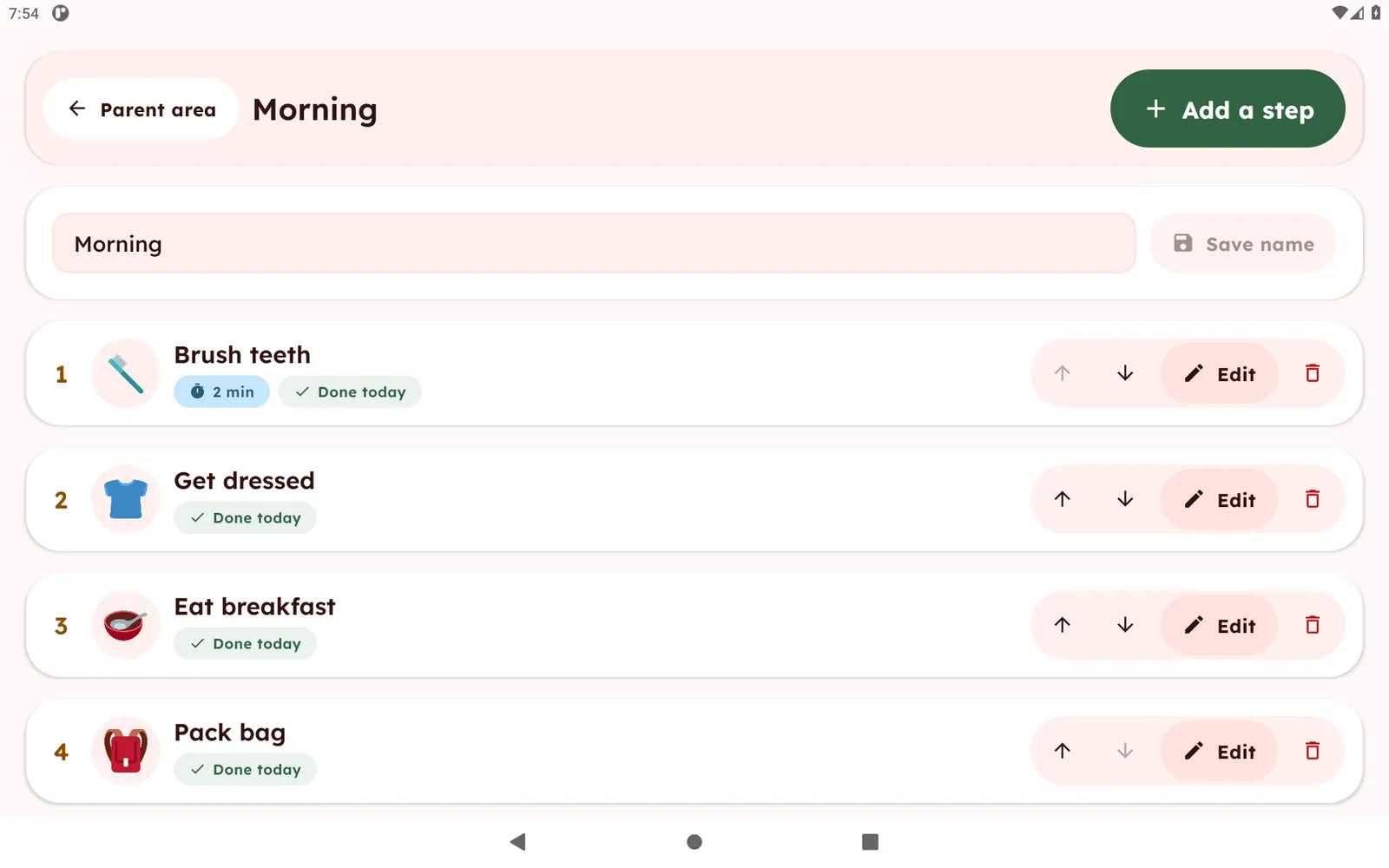 Routine editor listing four steps with a picture, a timer or done label, move up, move down, edit and delete buttons