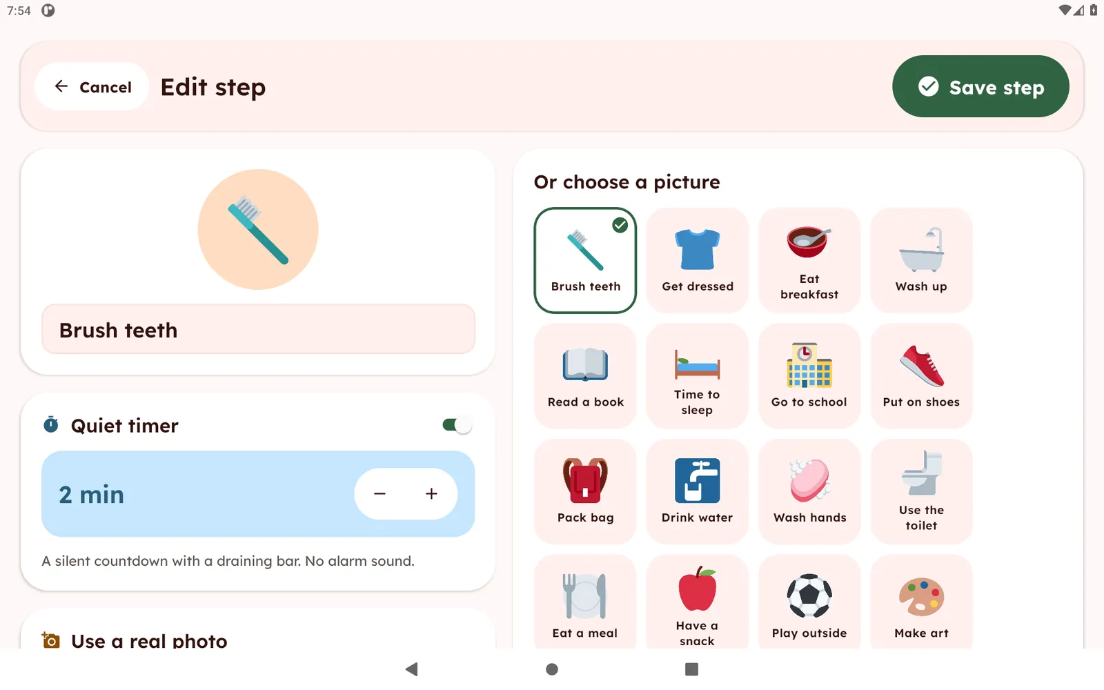Step editor with a picture grid, a quiet timer set to 2 minutes and an option to use a real photo