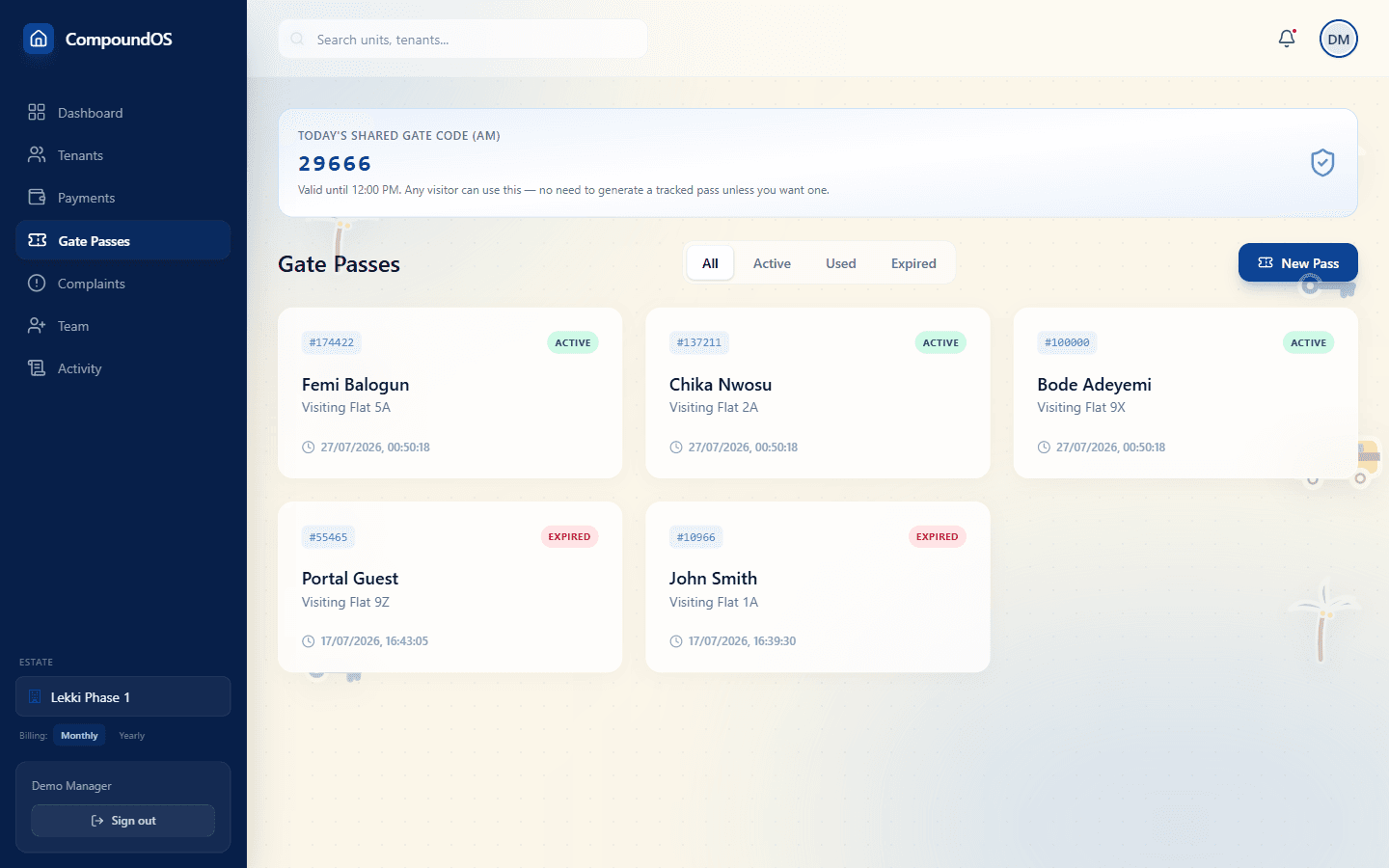 Visitor access authorization ledger with pass codes and check-in times
