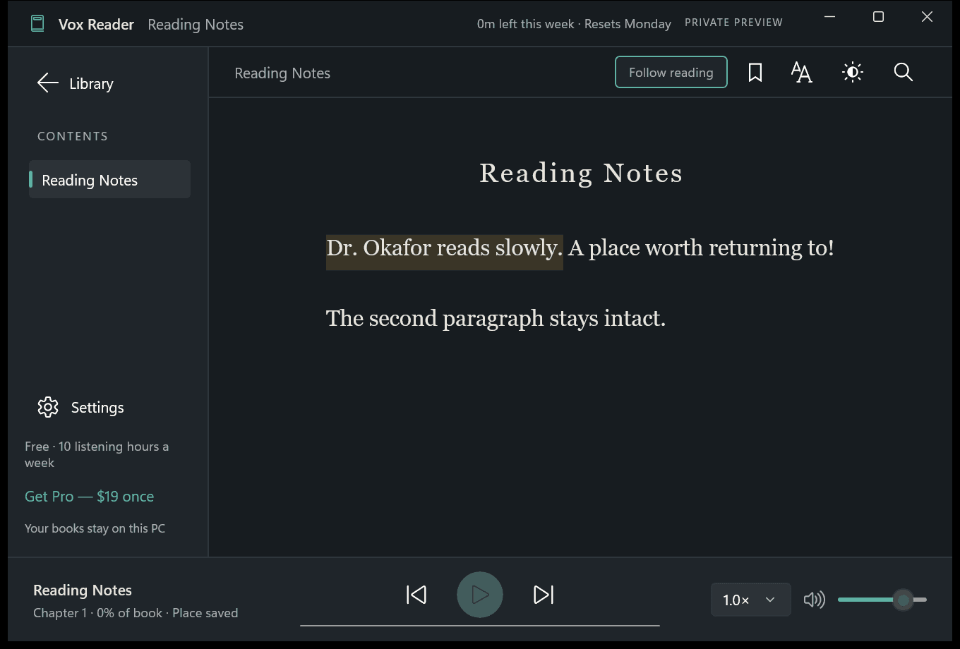 Vox Reader interface showing synchronized sentence highlighting and book library